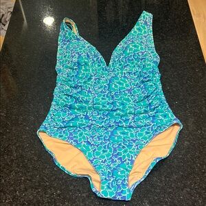 J. Crew Blue and Green Floral One Piece Swimsuit